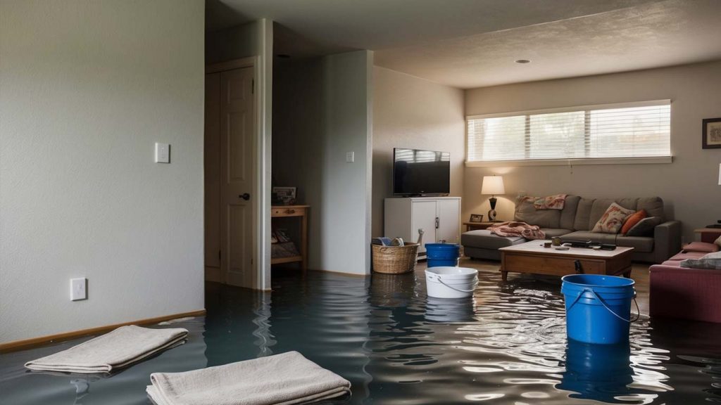 Water flooding a living room after a burst pipe in Boerne, TX, with towels and buckets used to contain the water.