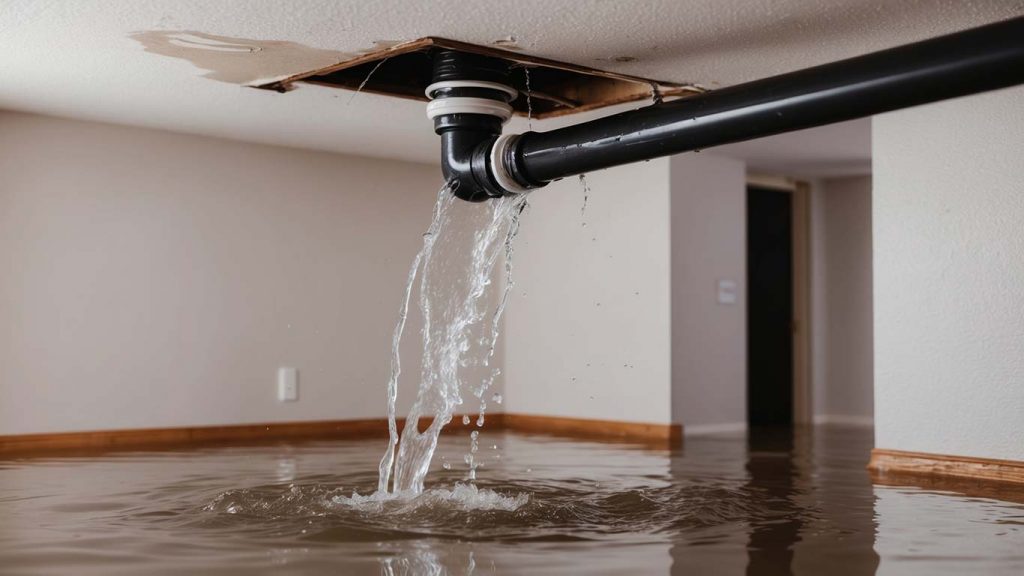 Close-up of a burst pipe leaking water in a Boerne, TX home, showing visible damage and flooding.