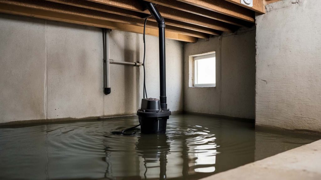 Image of a sump pump failure in Boerne, TX, with water flooding a basement space.