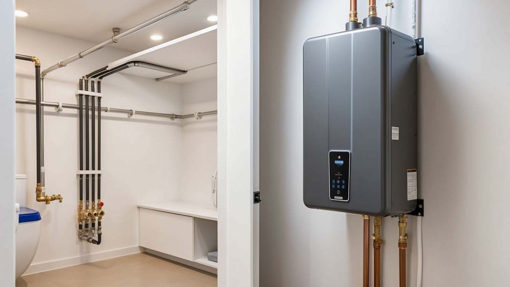 A tankless water heater professionally installed in a modern Boerne home by Gottfried Plumbing.