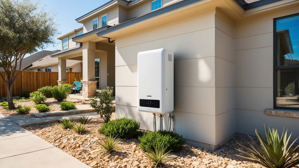 A tankless water heater efficiently supplying hot water to multiple fixtures in a Boerne home.