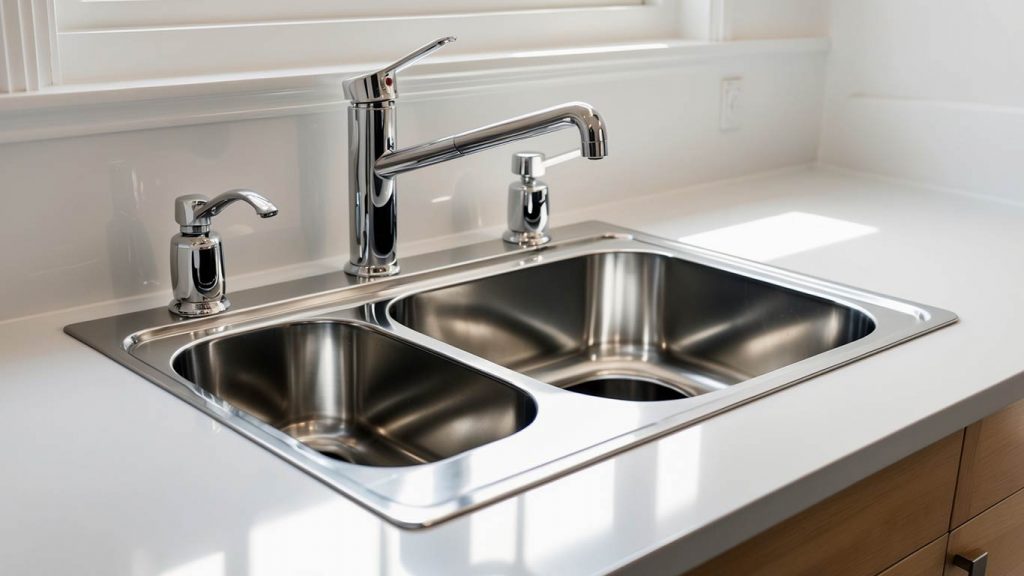 Clean kitchen sink with polished chrome fixtures and organized plumbing underneath, representing reliable home plumbing services in Boerne, TX.