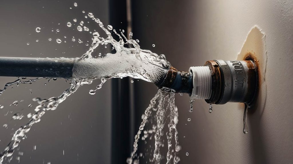 Close-up of a burst pipe leaking water in a home, emphasizing the need for emergency plumbing in Boerne, TX.