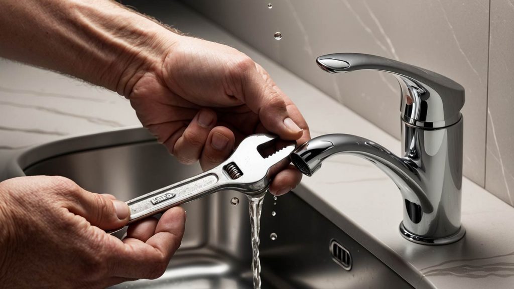 Close-up of a professional repairing a leaking kitchen faucet with a wrench in Boerne, TX.