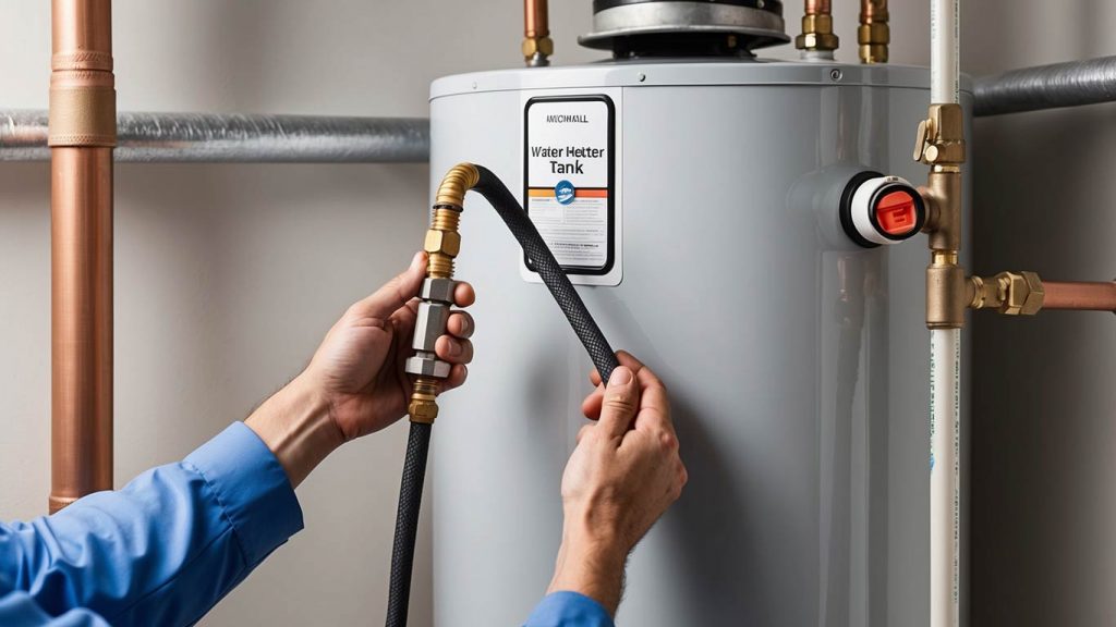 Close-up of a technician performing routine water heater maintenance in a home, flushing the tank to improve efficiency in Boerne, TX.