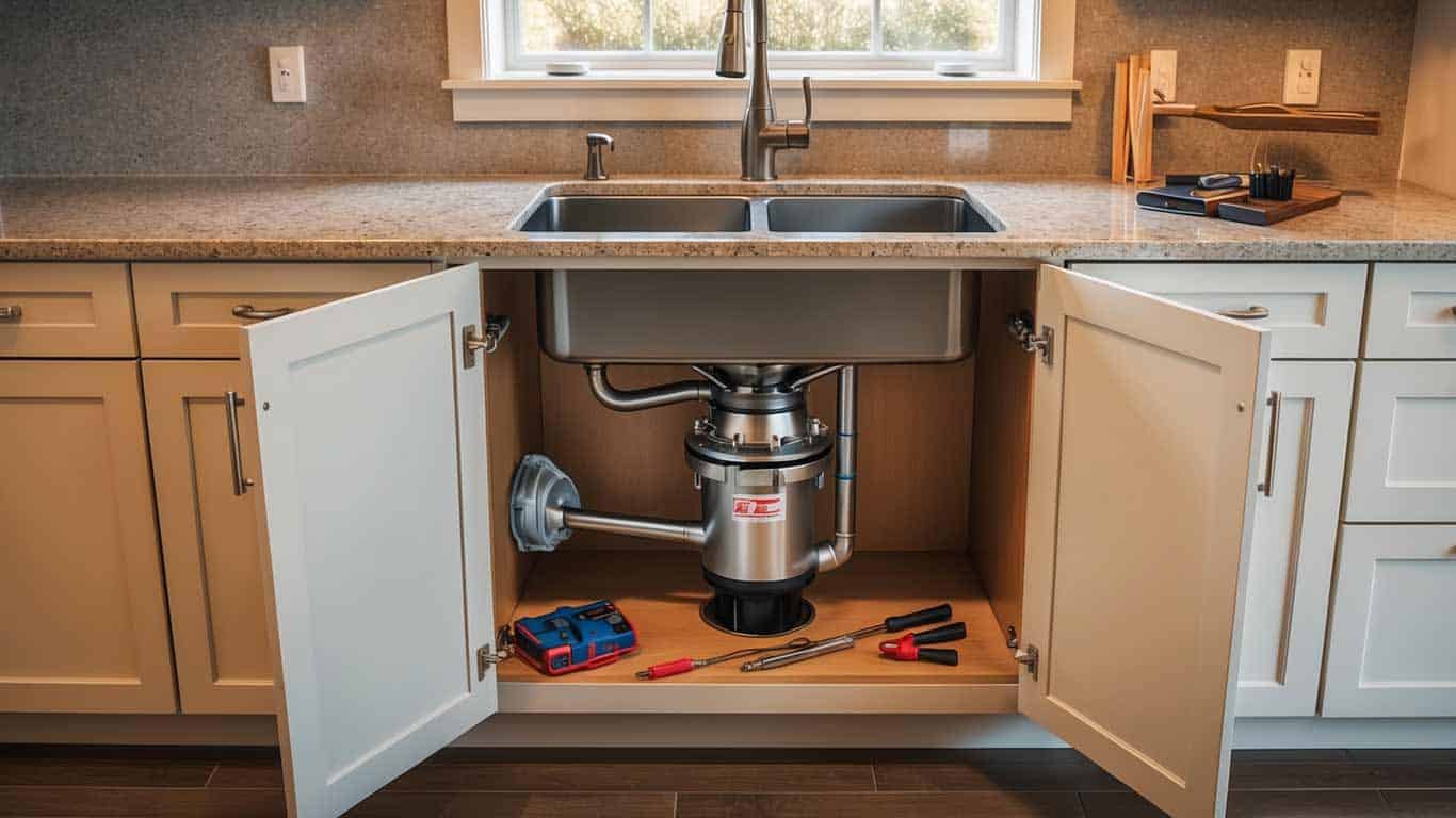 Gottfried Plumbing, a trusted local business in Boerne, Texas, specializes in expert garbage disposal repair and installation services. This image depicts the interior of a modern kitchen sink cabinet, showcasing a high-quality garbage disposal unit and plumbing system. The visible setup includes properly installed pipes and advanced tools used during repair or replacement services. Gottfried Plumbing ensures seamless integration of garbage disposals with existing plumbing and electrical systems, offering reliable solutions for issues such as clogs, leaks, rusted components, or motor failures. Known for their commitment to customer satisfaction, transparent pricing, and skilled workmanship, Gottfried Plumbing serves Boerne and surrounding areas with professional services tailored to homeowners’ needs.