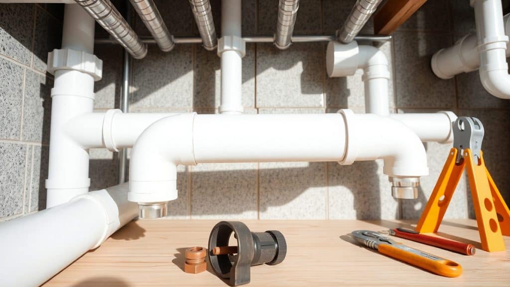 A professional pipe repair setup showing PVC and copper pipes in a clean, organized residential utility area. The image highlights modern tools, precise connections, and an efficient workspace, representing Gottfried Plumbing's expert pipe repair and replacement services in Boerne, TX.