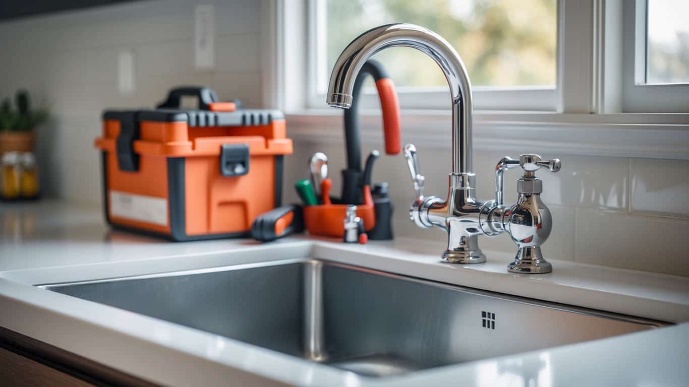 Polished kitchen sink with chrome fixtures and a plumber's toolbox nearby, symbolizing professional residential plumbing services in Boerne TX offered by Gottfried Plumbing.