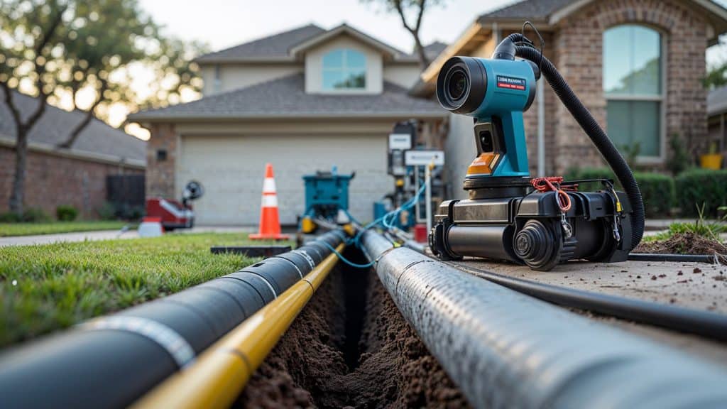 A clean and modern illustration of sewer line repair and installation in a Boerne, TX suburban yard. The image highlights advanced plumbing tools like a pipe inspection camera and trenchless repair equipment, set in a well-maintained, professional environment.