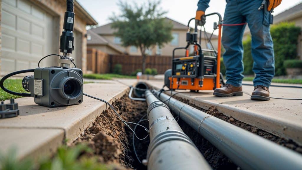 A modern depiction of trenchless sewer line replacement in Boerne, TX. The image features advanced trenchless equipment on a clean lawn, emphasizing innovative, non-invasive plumbing techniques in a suburban setting.