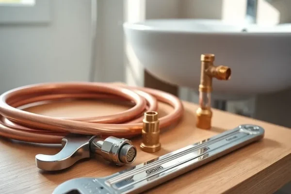 Plumbing tools and equipment on a workbench with a modern bathroom sink in the background, representing Gottfried Plumbing's residential and commercial services in Spring Branch, TX.